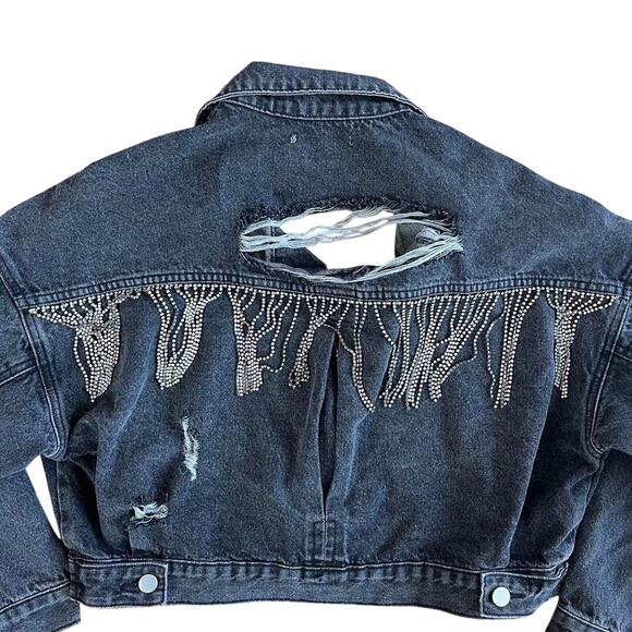 Black Denim Jacket with distressed and diamante fringe back size S - Picture 6 of 6